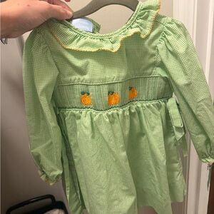 Green Gingham Smocked Dress with Orange Accents
